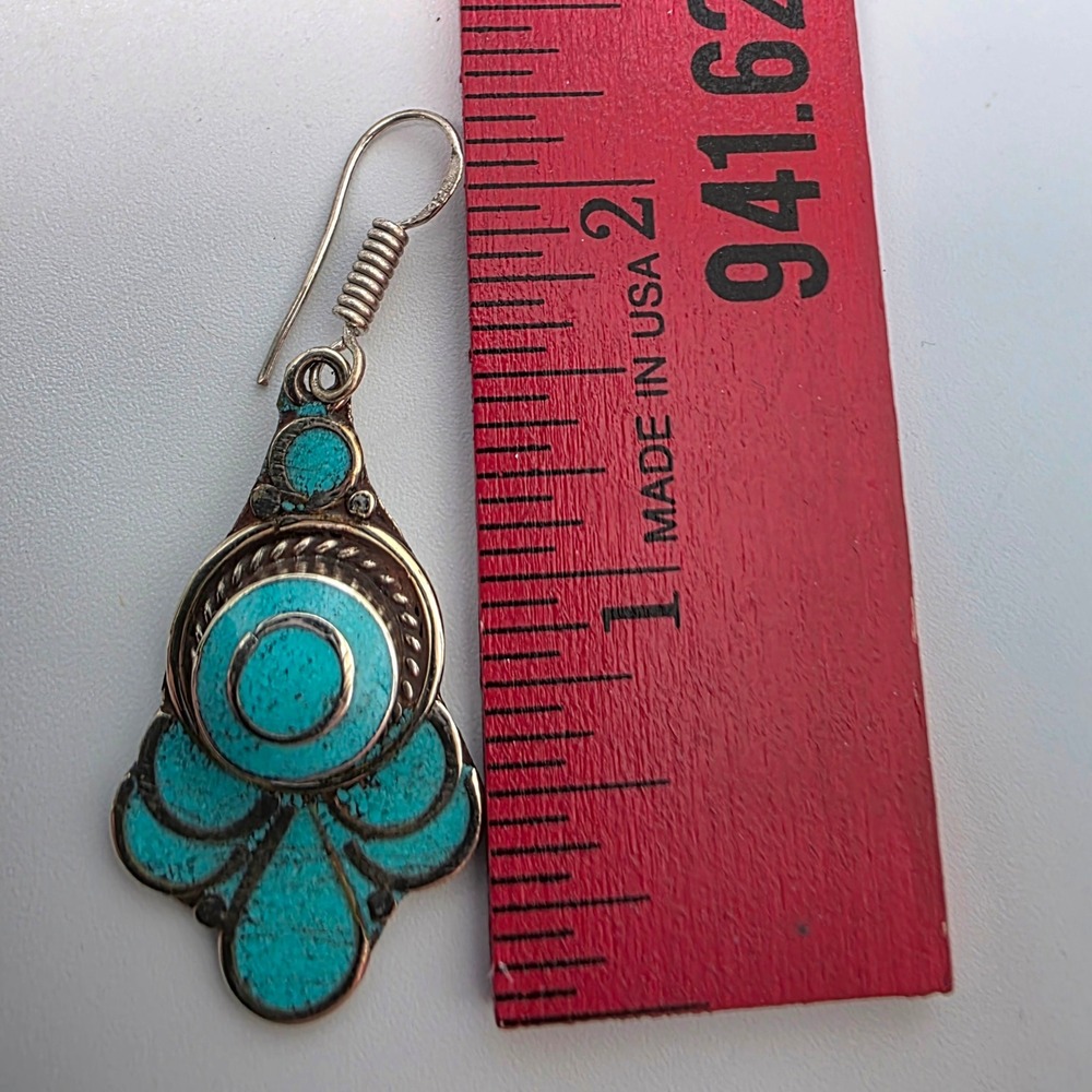 Tibetan Handmade Dangle Earrings In Turquoise Gemstones Boho Style - Picture 5 of 6